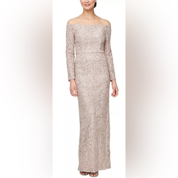 Alex Evenings Size 10 Sequined-Lace Off-The-Shoulder Gown - Picture 1 of 13